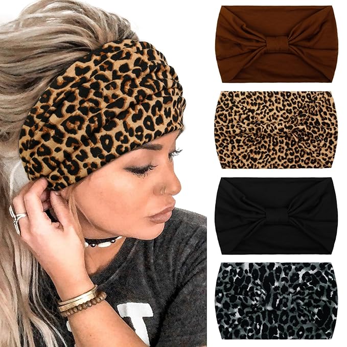 Huachi Wide Headbands for Women Black Stylish Head Wraps Boho Thick Hairbands Large African Leopard Printed Sport Yoga Turban Headband Hair Accessories (Pack of 4)