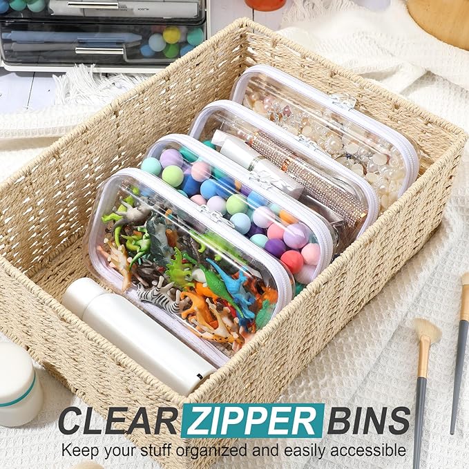 Hoolerry 4 Pcs Hard Clear Zipper Case Makeup Bags Plastic Zipper Pouch Transparent Storage Box Containers for Cosmetics, Snacks, Building Blocks, Puzzles(Clear,7.5 x 3.9 x 2 in,White)