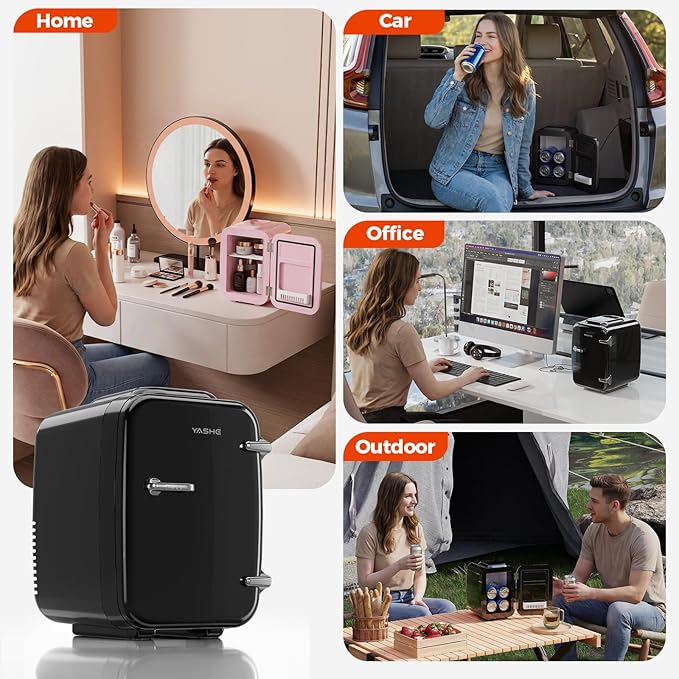 YASHE Mini Fridge, 4 Liter/6 Can Mini Makeup Fridge, 110V AC/ 12V DC Portable Thermoelectric Cooler&Warmer for Skincare, Drink, Cosmetic, Medicine, Small fridge for Bedroom, Office, Dorm, Car, Black
