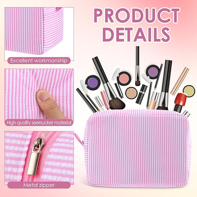 Sanwuta 6 Seersucker Cosmetic Bag Bulk Striped Makeup Bag for Women Aesthetic Cute Travel Toiletry Organizer Preppy Storage Pouch for Wedding Bridesmaid Mother's Day Teacher Gift (Large,Macaron Color)