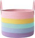 65L Extra Large Blanket Basket for Living Room - Woven Cotton Rope Laundry Hamper with Reinforced Handles - Storage Bin for Pillows, Comforters & Toys - Machine Washable,Rainbow