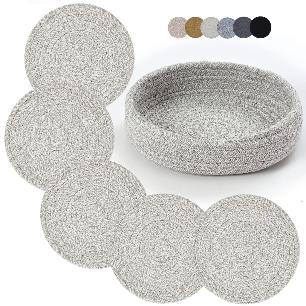 Coga Trivets for Hot Dishes, 5 Pack 7 Inch Cotton Hot Pads for Kitchen with Storage Basket, Round Pot Holders for Kitchen, Heat Resistant Mats for Countertop, Pots and Pans, Farmhouse Decor, Grey