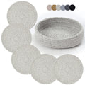 Coga Trivets for Hot Dishes, 5 Pack 7 Inch Cotton Hot Pads for Kitchen with Storage Basket, Round Pot Holders for Kitchen, Heat Resistant Mats for Countertop, Pots and Pans, Farmhouse Decor, Grey