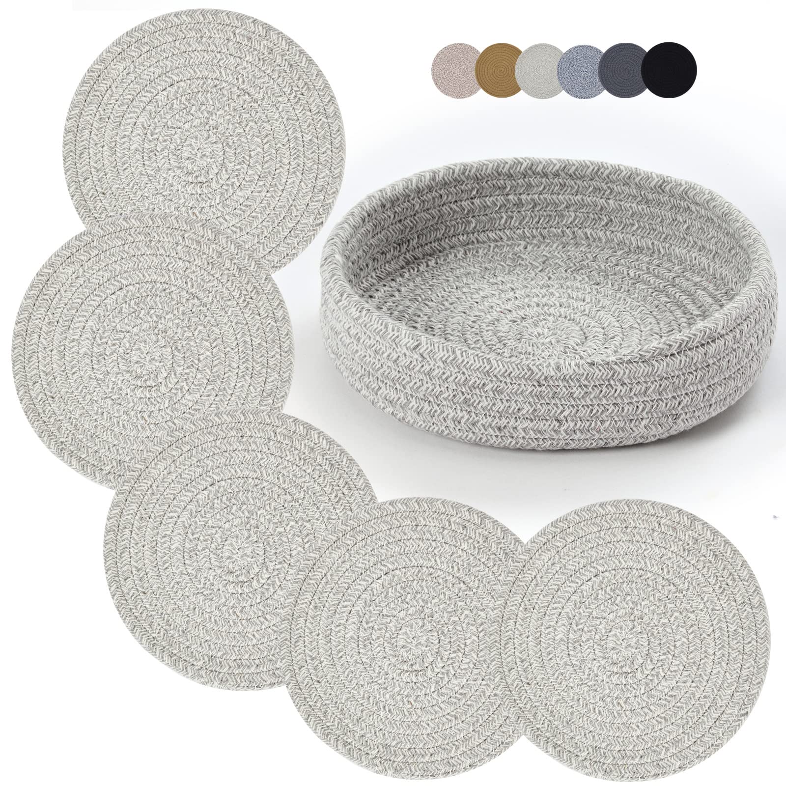 Coga Trivets for Hot Dishes, 5 Pack 7 Inch Cotton Hot Pads for Kitchen with Storage Basket, Round Pot Holders for Kitchen, Heat Resistant Mats for Countertop, Pots and Pans, Farmhouse Decor, Grey