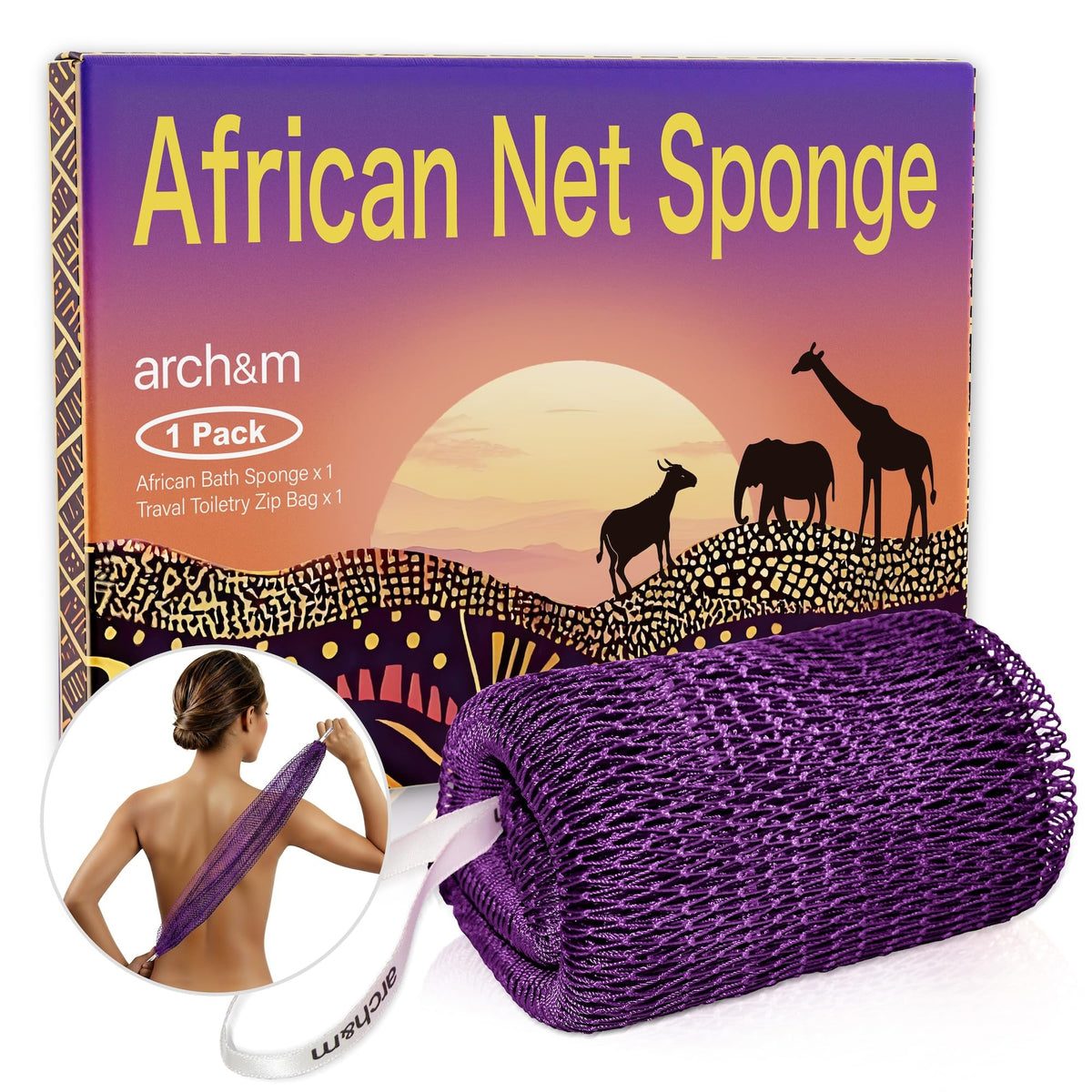 ARCH&M African Net Sponge Authentic with Knots, 2 Pack 53" Extra-Long