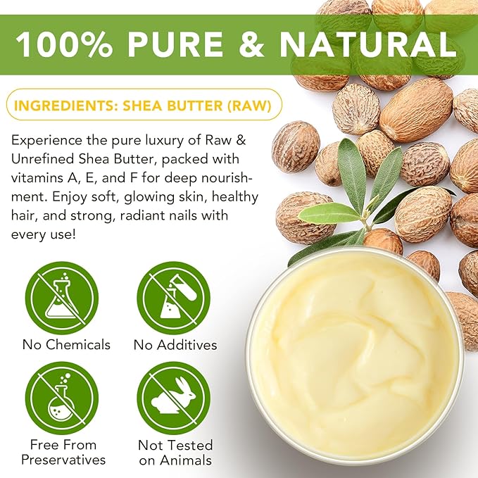 Organic Raw Shea Butter, 100% Pure & Unrefined - For Intense Moisture on Dry Skin, Hair & Lips, Natural DIY Body Butter Base, Rich in Vitamins A, E, F, 7.8 oz