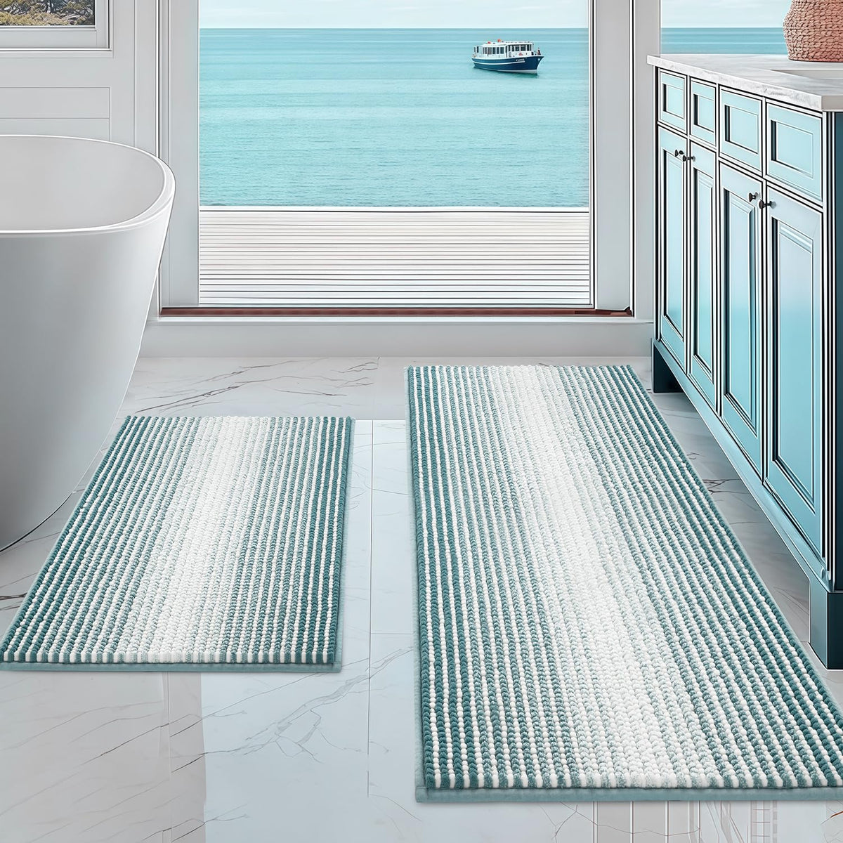 BSICPRO Bathroom Rugs Sets 2 Piece, Non Slip Striped Bath Mats, Teal