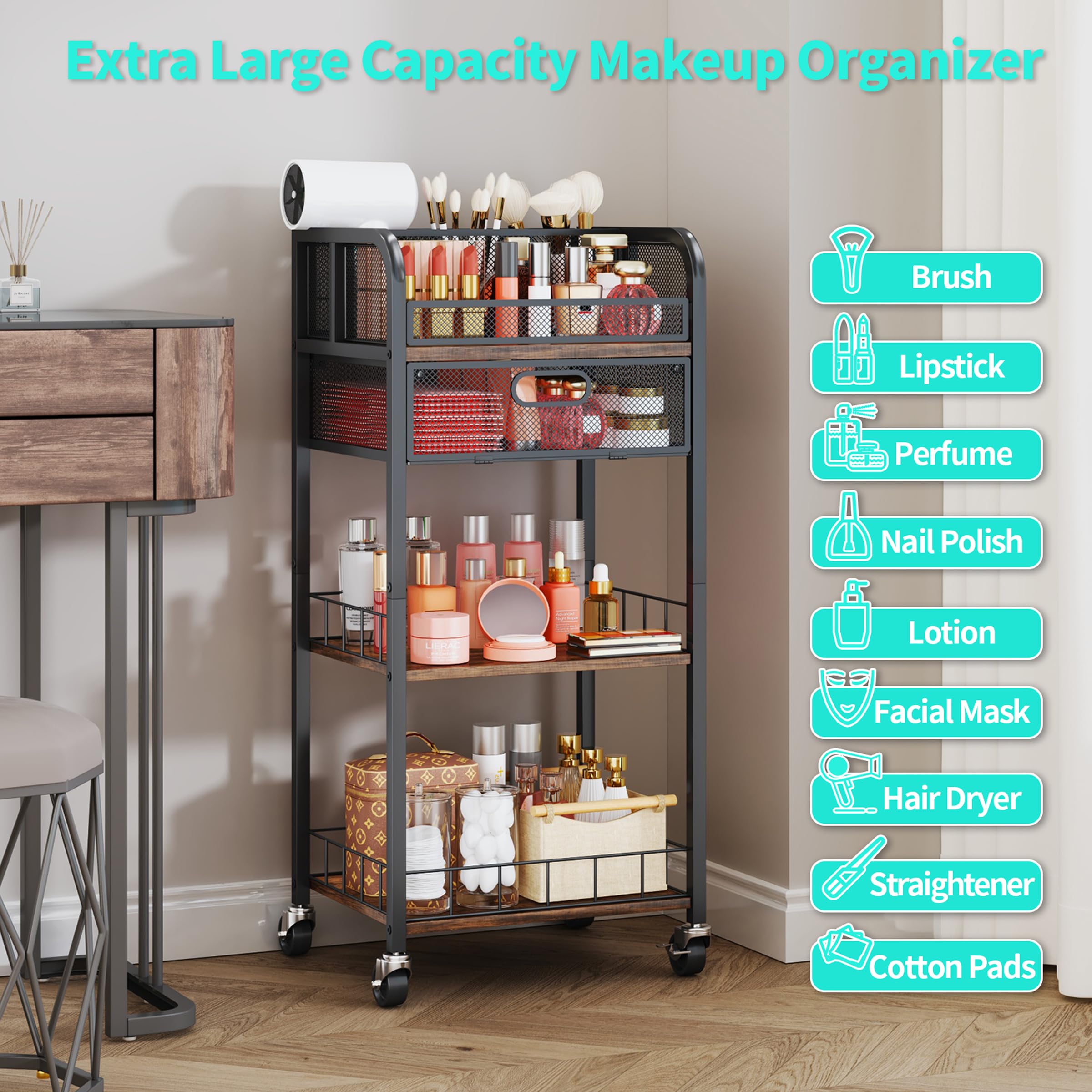 HapiRm Makeup Organizer Storage Cart - 4 Tier Skincare Make Up Storage with Drawer, Rolling Makeup Cart Vanity Organizer Cosmetics Display Cases Holder for Skin Care Perfume Nail Polish Brush