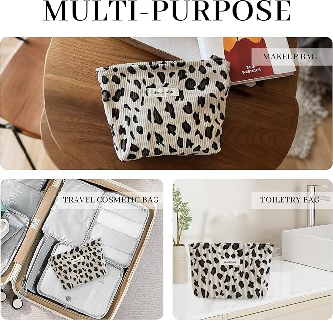 Wudygirl Makeup Bag Travel Cosmetic Bag for Women Small Makeup Pouch with Handle Zipper Cosmetic Pouch Handbag Aesthetic 8.3" x 5.9"(White Leopard)