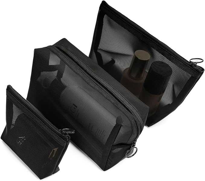 TOPASION Portable Mesh Makeup Bag with Zipper Small Travel Toiletry Bag Lightweight Cosmetic Pouch (Black 3 Piece Set)