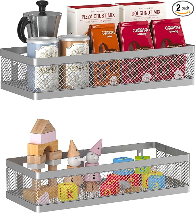 PUSDON Mesh Shower Caddy Wall Mount, Heavy Duty Adhesive Bathroom Shelf Organizer, Rustproof Floating Spice Rack for Kitchen Pantry, Holds 50 LBS, Multi-Purpose Storage Silver Gray -2 Packs (Netting)