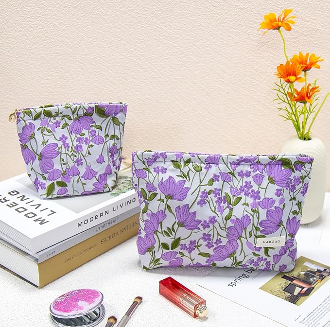 getgto 2 Pcs Makeup Bags, Large Cosmetic Bag Travel Toiletry Bag Organizer for Women, Embroidery Craft, Floral Makeup Bag Small Cosmetic Pouch Purse with Zipper Gifts for Girls Teen