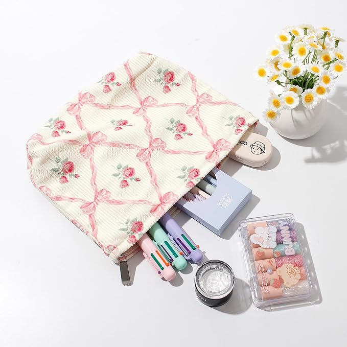 Gardsell Cosmetic Bags for Women - Corduroy Cosmetic Bag Aesthetic Women Handbags Purses Smile Dots Makeup Organizer Storage Makeup Bag Girls Case Bags (Flowers-Apis)