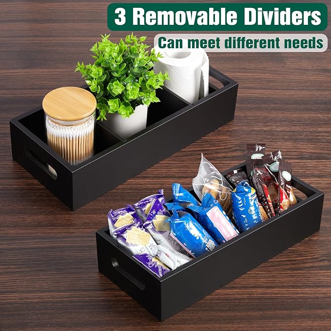 14 Inch Bathroom Basket with Removable Dividers - 3 Comparments Wood Toilet Paper Basket with Handle for Back of Toilet Tank Topper - Black Storage Organizer for Bathroom Kitchen Pantry Organization
