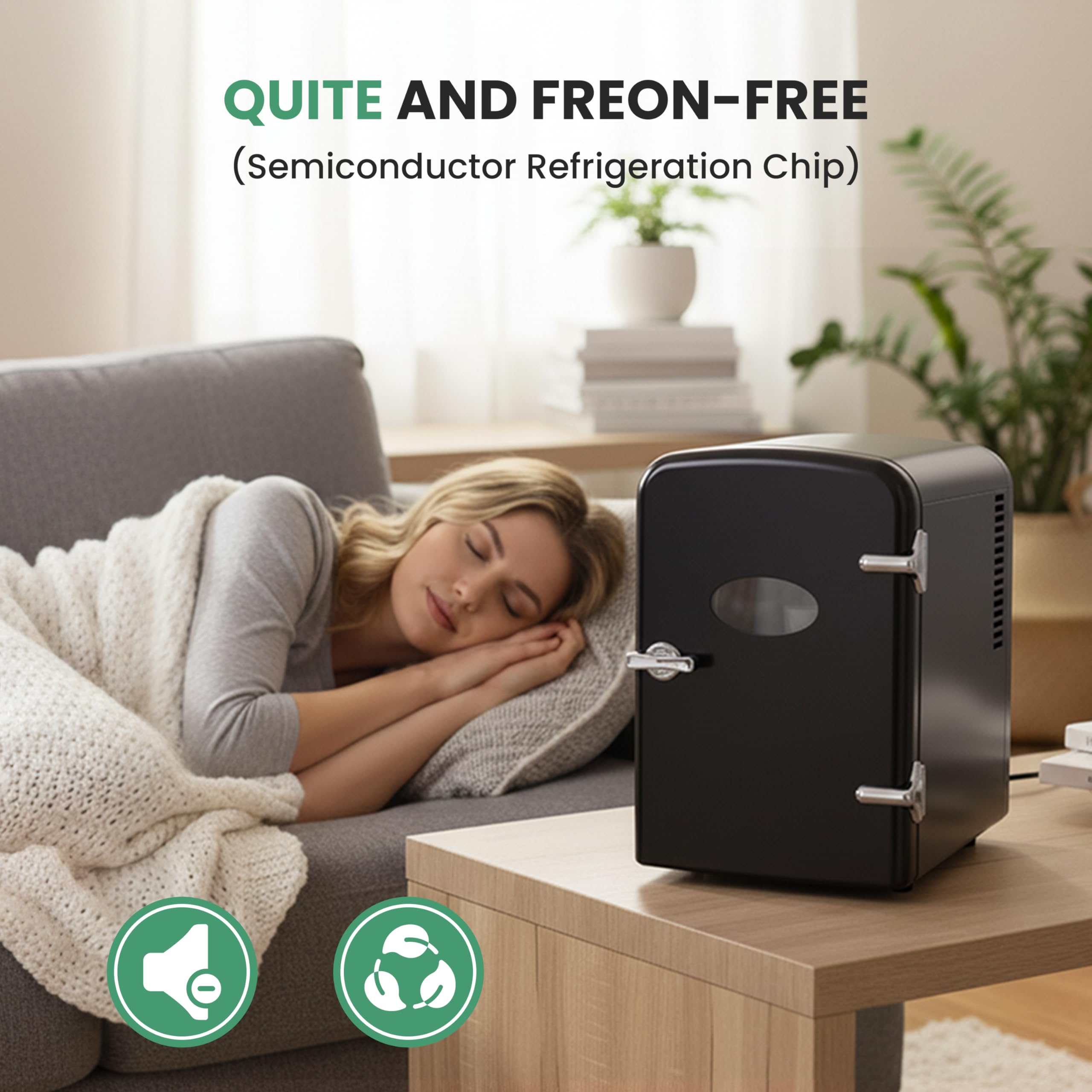 Simple Deluxe 4 Liter/6 Can Mini Fridge with Observation Window, Compact Freon-Free Small Refrigerator, Portable Cooler & Warmer for Skincare, Beverage, Food, Cosmetics, Black