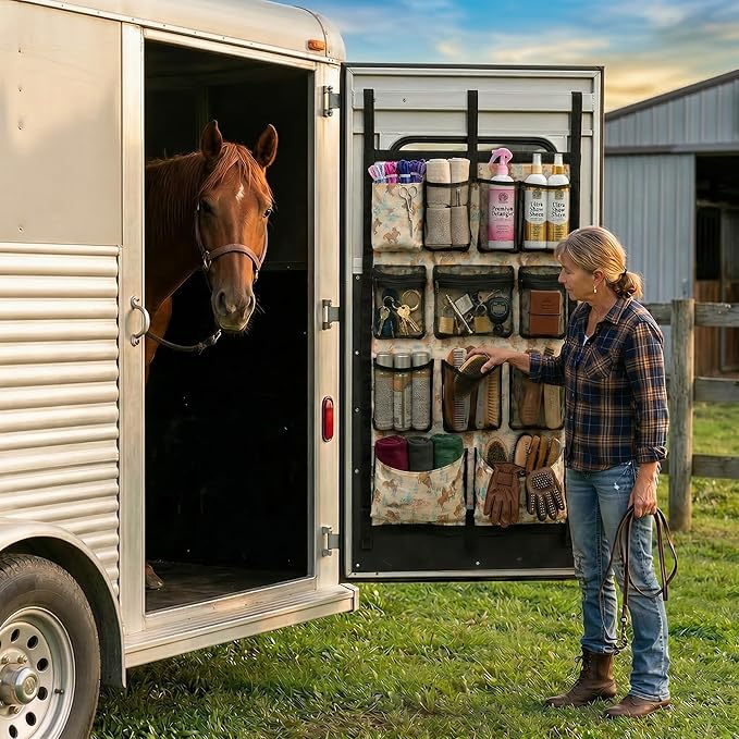 Horse Trailer Organizer & Grooming Bag - Large Hanging Door Caddy with Deep Mesh Pockets for Spray Bottles & Brushes - Heavy Duty 900D Polyester Tack Room Storage for Barn & Stall, 23" x 34"