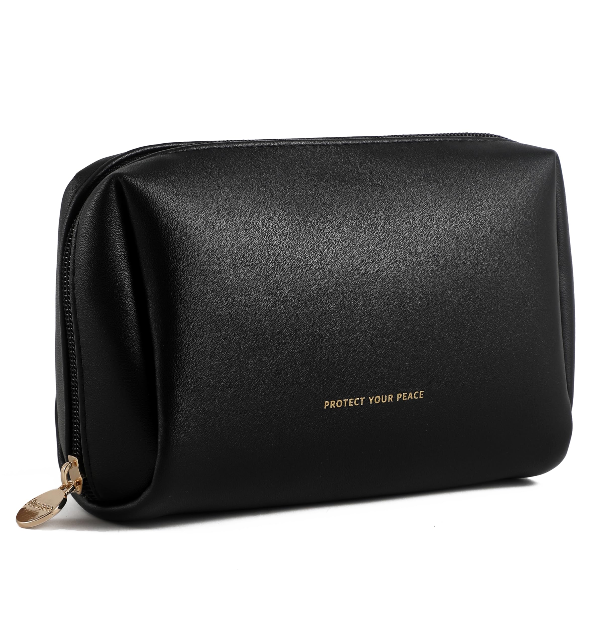 Aveniee Travel Makeup Bag Small, Vegan Leather Cosmetic Pouch for Purse, Wide-open Toiletry Organizer with Dividers & Zipper for Women-Black