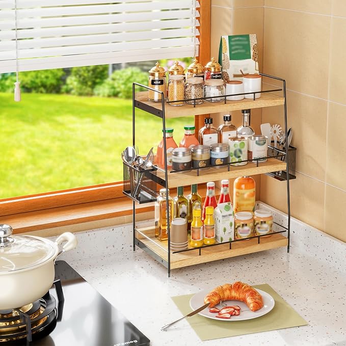 BSTSLL 3 Tier Bathroom Counter Organizer with Side Baskets, Wood Countertop Vanity Shelf,Sturdy Metal Frame fits Tall Bottles