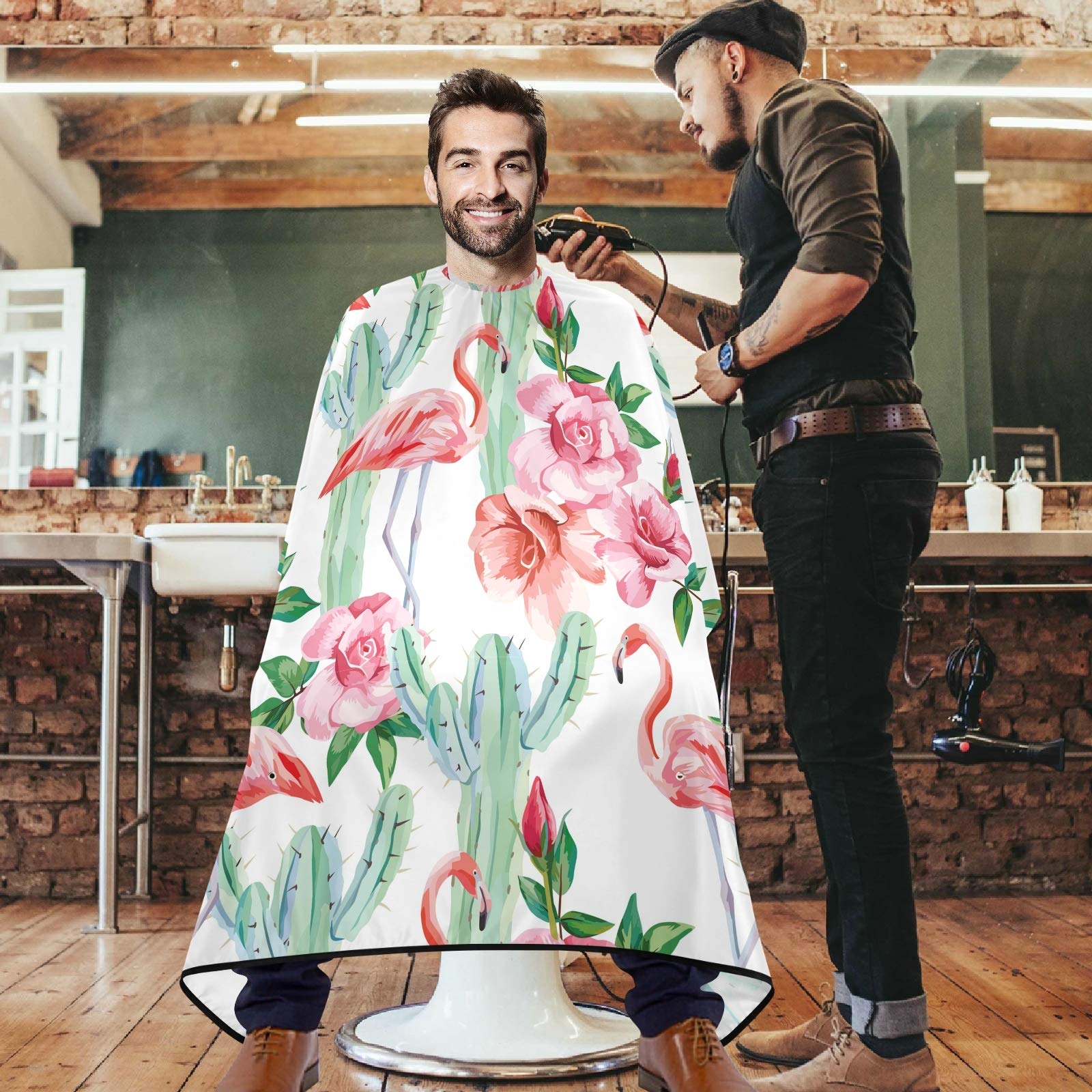 visesunny Barber Cape Flamingo Cactus Polyester Hair Cutting Salon Cape Apron Anti-Static Haircut Water-Resistant Shaving Cloth Beard Shaving Bib Hairdressing Cape
