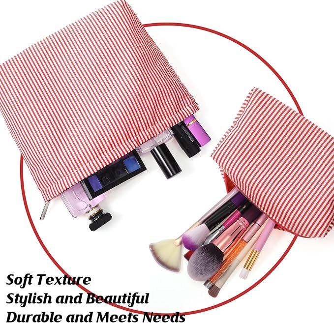 2 Pcs Makeup Bag Set Cute Cosmetic Pouch for Women Seersucker Travel Toiletry Bag Preppy Small Makeup Purse Pouch Aesthetic Skincare Brushes Storage Organizer for Valentine Women(Red)