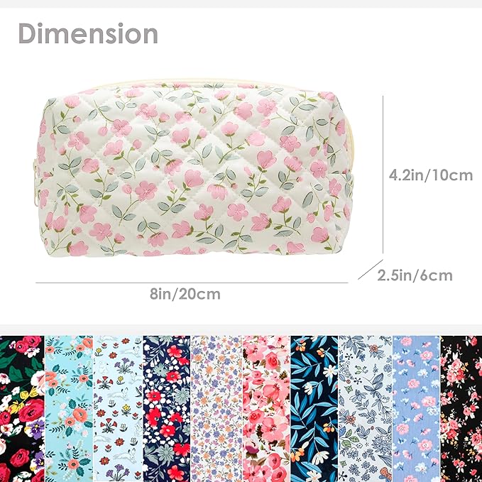 PAZIMIIK Small Quilted Makeup Bag,Zipper Cosmetic Pouch,Floral Pink,2 Pack