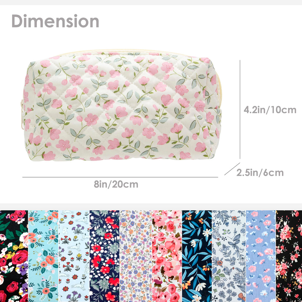 PAZIMIIK Small Quilted Makeup Bag,Zipper Cosmetic Pouch,Floral Pink