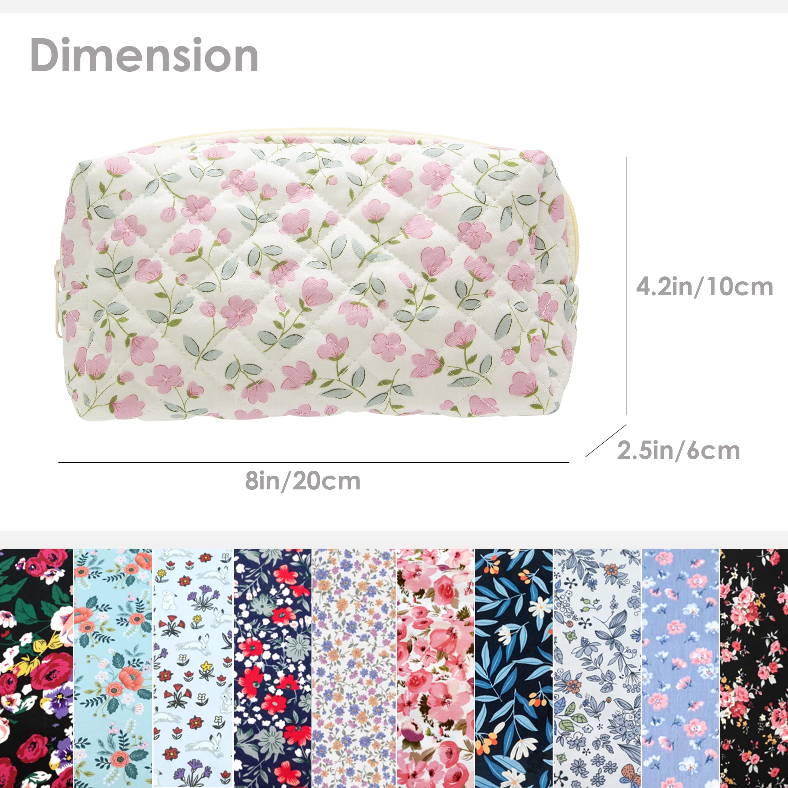 PAZIMIIK Small Quilted Makeup Bag,Zipper Cosmetic Pouch,Floral Pink