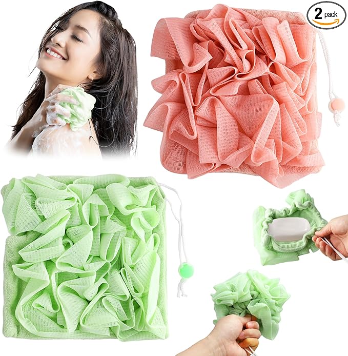 2 PCS Soap Bar Loofah, 2 in 1 Loofah Washcloth Combo, Bath Sponge with Drawstring, That Holds Bar Soap,for Cleansing and Smooth Skin (Pink, Green)