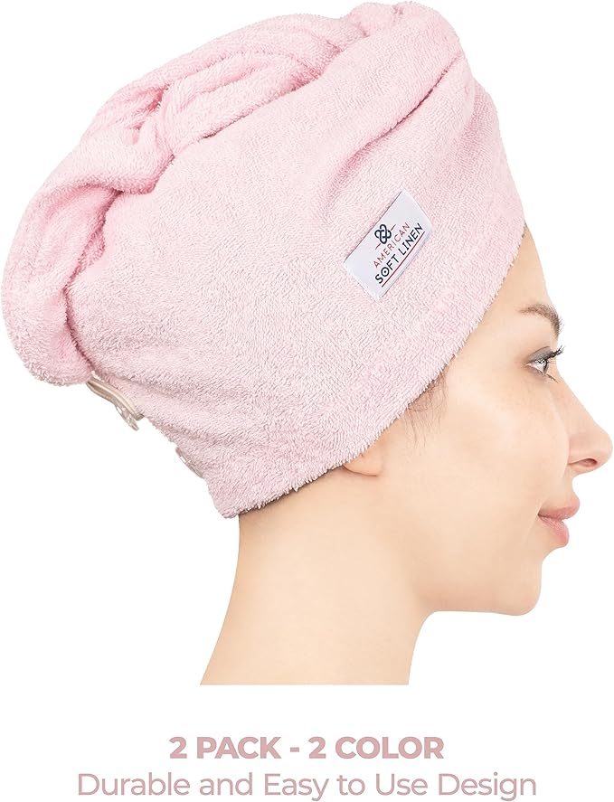 American Soft Linen 100% Cotton Hair Towels for Women, Head Towel Cap, Cotton Hair Turban Towel Wrap for Long Curly Anti Frizz Hair, Soft and Absorbent Cotton Hair Towels 2 Pack, Sky Blue-Pink