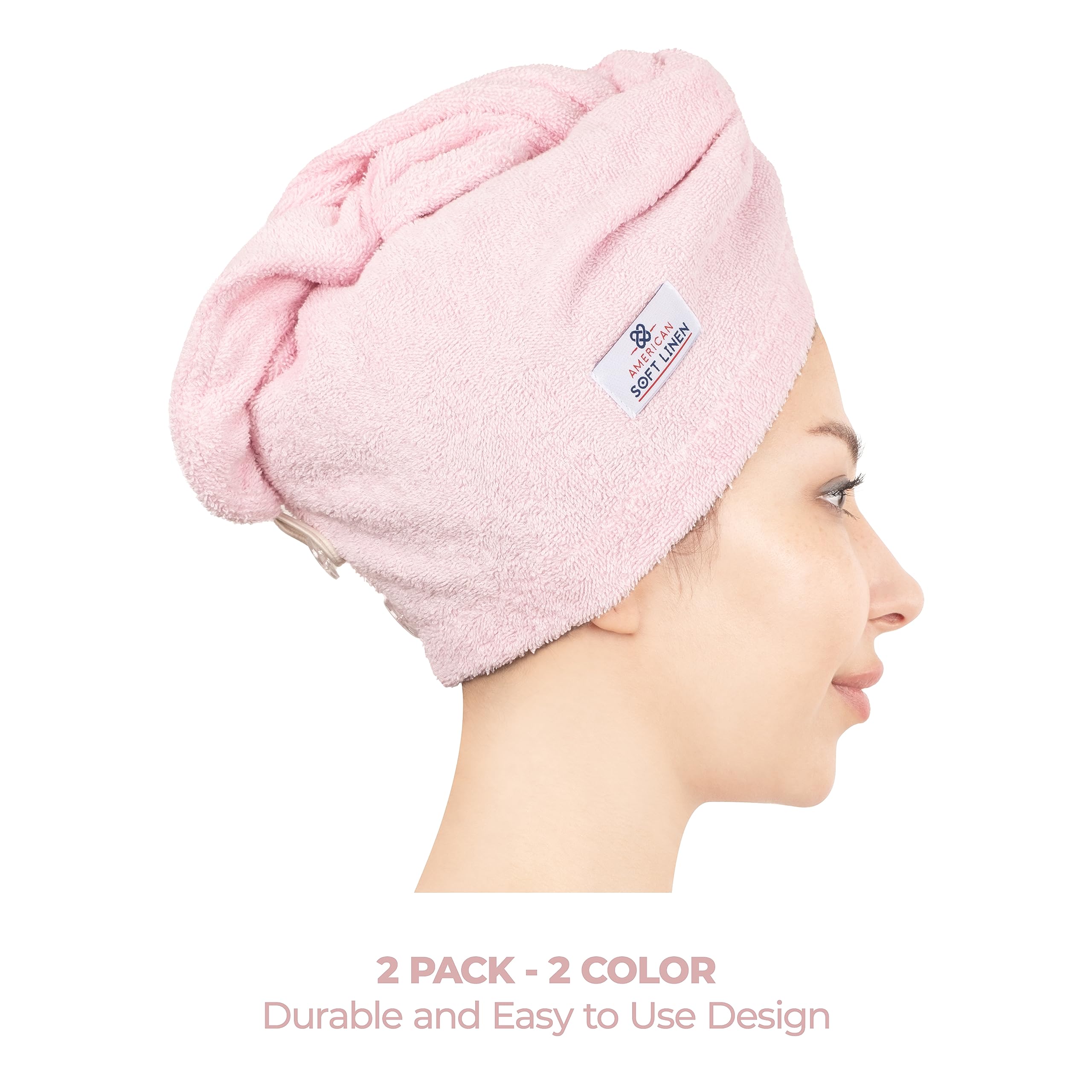 American Soft Linen 100% Cotton Head Towel Cap, Women's Anti Frizz Hair Wrap, Absorbent Cotton Towels 2 Pack, Light Grey-Pink