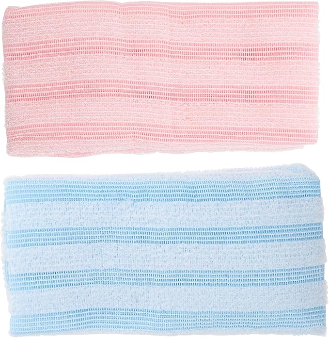HEALLILY 2pcs Exfoliating Back Scrubber Straps Double-Sided Bath Towels for Body Skin Cleansing and Dead Skin Removal, Long Handle Shower Towels for Household Bath Use, Blue and Pink