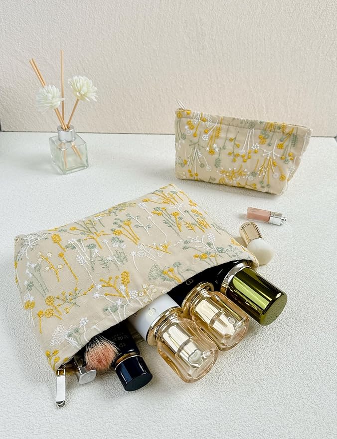 RIKMOXR 2 Pcs Makeup Bags, Large Cosmetic Bag Travel Toiletry Bag Organizer for Women, Embroidery Craft, Floral Makeup Bag Small Cosmetic Pouch Purse with Zipper Gifts for Girls Teen
