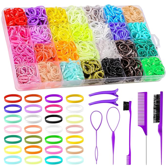 BESARME 28 Colors Rubber Bands for Hair Elastics with 8 Styling Tools, 1500 Pcs Baby Toddler Small Hairs Ties for Girls Hairs Accessories for Women