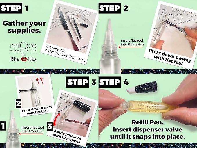 Refillable Holographic Cuticle Oil Pen for Nails - Empty Holo Squeeze Nail Oil Pen with Brush from Nail Care Headquarters by Bliss Kiss 3-Pack
