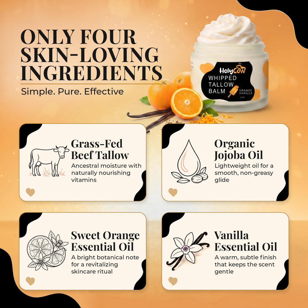 HolyCow Grass Fed Beef Tallow For Skin, Jojoba Oil, 2 Oz - Orange Vanilla
