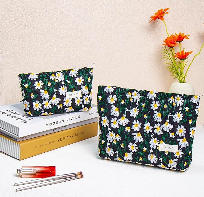 getgto 2 Pcs Makeup Bags, Large Cosmetic Bag Travel Toiletry Bag Organizer for Women, Embroidery Craft, Floral Makeup Bag Small Cosmetic Pouch Purse with Zipper Gifts for Girls Teen