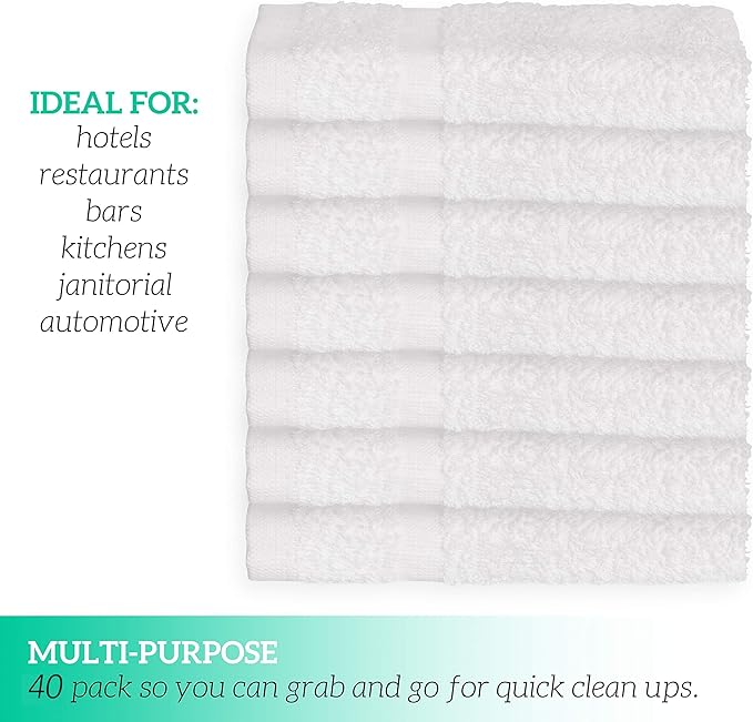GREEN LIFESTYLE Bulk Washcloths 12x12 40 Pack - Face Towel, Wash Clothes for Body and Face - 100% Pure Cotton Wash Cloths for Your Body (White)