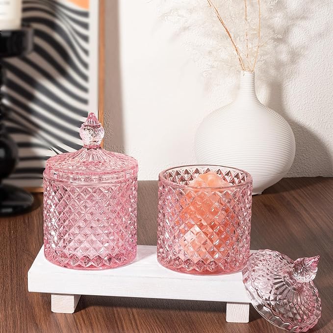 2 Pack Qtip Holder Apothecary Jars with Lid, Thick Glass, Pink