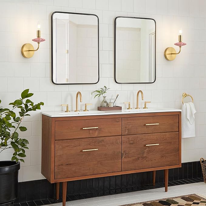 Modern Retro Wall sconces Set of Two with Pink Ceramic Flower Decoration,Brushed Gold Wall Lights, Hardwired Vintage Vanity Light for Bathroom, Living Room, Bedroom, and hallways.