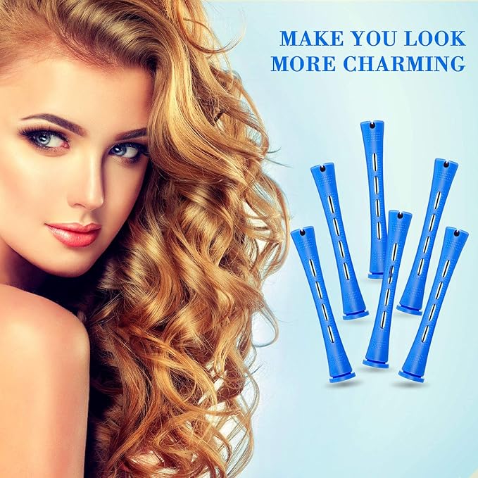 Chuangdi 24 Pcs Hair Perm Rods Plastic Cold Wave Perming Curlers Hair Rollers with Steel Pintail Comb Rat Tail Comb Tools for Hairdressing Styling(Blue,0.35 Inches)