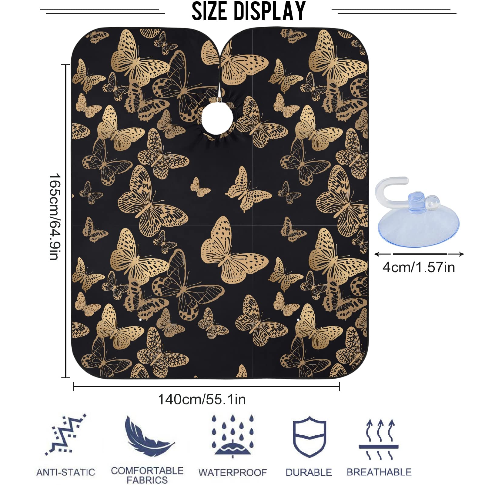 visesunny Barber Cape Black Gold Butterfly Polyester Hair Cutting Salon Cape Apron Anti-Static Haircut Water-Resistant Shaving Cloth Beard Shaving Bib Hairdressing Cape
