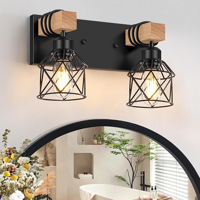 FadimiKoo 2-Light Bathroom Light Fixtures, Farmhouse Wood Vanity Wall Light