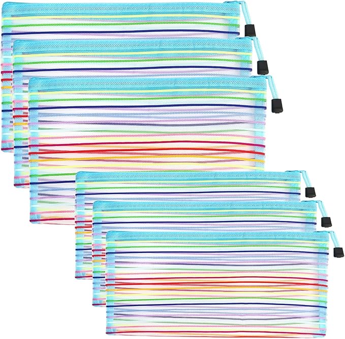 CarryEpic Mesh Bags with Zipper (6 Pack), Nylon Makeup Bag Cosmetic Pouches Travel Organizer Case for Purse Diaper Bag Home Organizing Striped Multi Size Blue