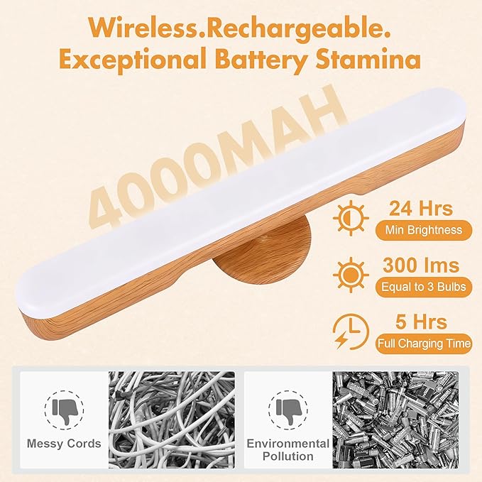 cambk Set of 2 Wireless Vanity Makeup Lights for Mirror, Rechargeable LED Stick On Light Bar for Bathroom Mirror with Dimmable 3 CCT, Long Battery Life Cordless Light for Vanity Desk(Light Brown)