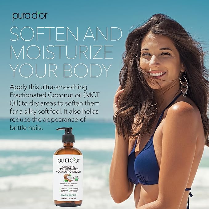 PURA D'OR ORGANIC Fractionated Coconut Oil MCT Oil (16.9 Oz GLASS BOTTLE) 100% Pure & Natural