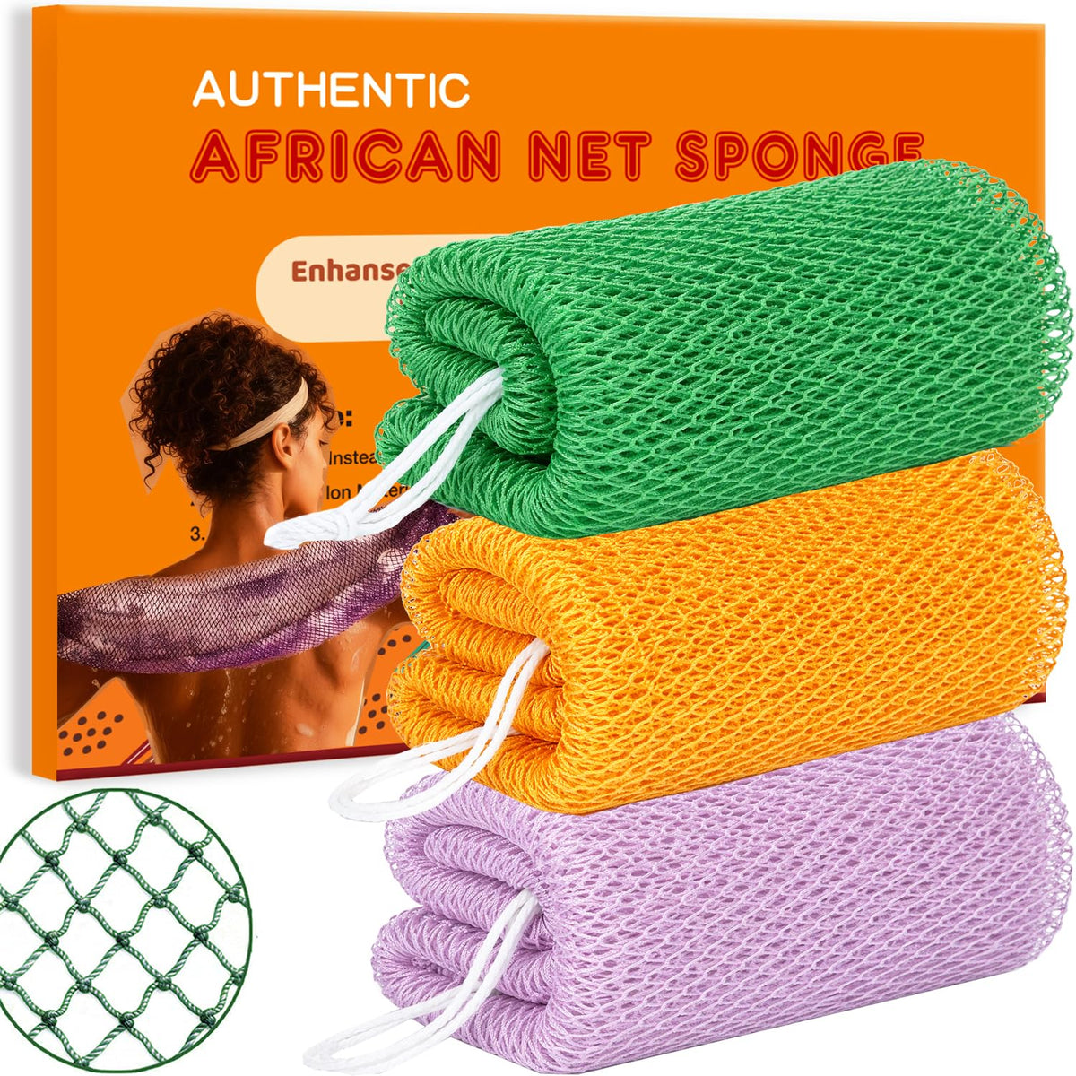 African Net Sponge Authentic Exfoliating Washcloth Body Back Scrubber 3 Pcs