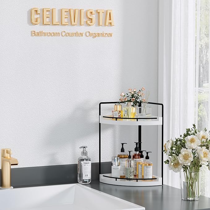 CeleVista Corner Bathroom Counter Organizer, 2 Tier Wood Vanity Storage, Waterproof Skincare Shelf for Kitchen & Toiletries Decor, Dresser (White-2 Tier)