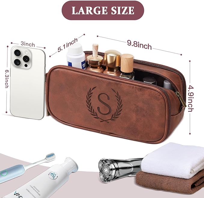 Janhavi Birthday Gifts for Men, Beach Vacation Essentials, Waterproof Toiletry Bag with Hook, Personalized PU Leather Laser Engraved Initials & Wheat, Birthday Gifts Men(Medium, Red Brown, D)