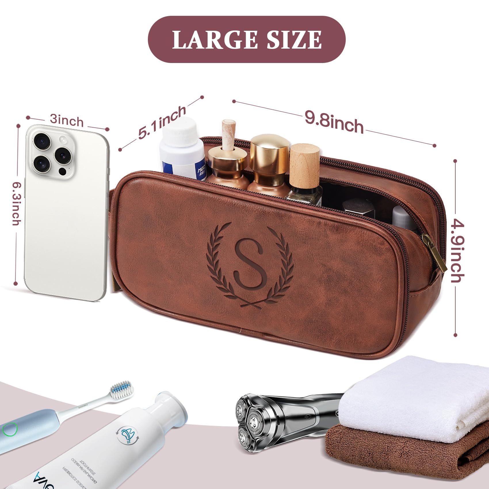 Travel Toiletry Bag For Mens PU Leather Engraved Initials (Red Brown Z)