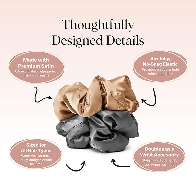 Kitsch Satin Scrunchies for Women - No Crease, Frizz Control | Softer Than Silk Scrunchies Gentle On Hair Scrunchies for All Hair Types | Stylish Hair Accessories - Charcoal & Gold, 2pcs